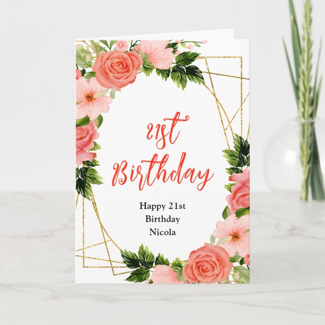 Tarjeta Coral Red Roses with Foliage Birthday (Anverso)