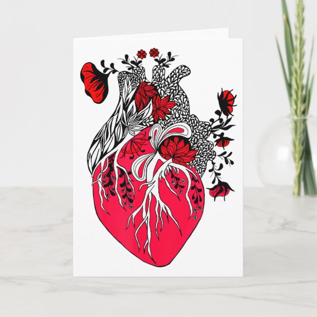 Tarjeta Corazón Anatómico Floreciendo Flores Rojas San Val (Anverso)