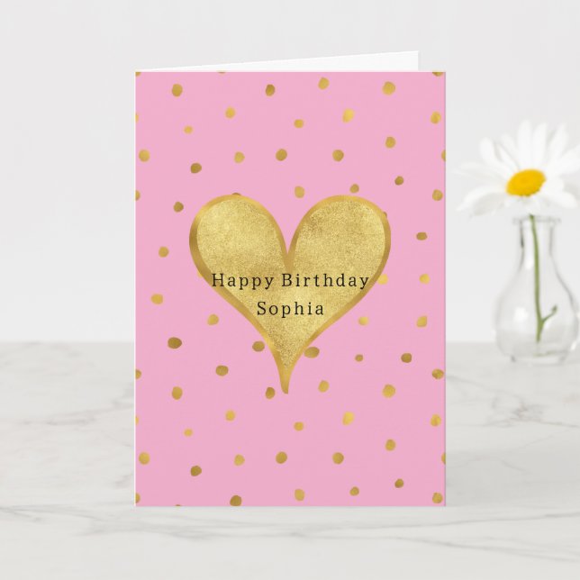 Tarjeta Corazón Cumpleaños Lunares Dorado Rosa (Planta pequeña)