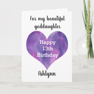 Tarjeta Corazón de Acuarela Morado Cumpleaños 13 Madrina