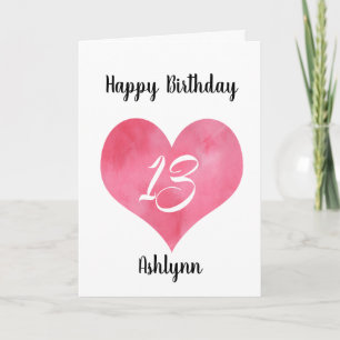 Tarjeta Corazón de Acuarela Personalizado Cumpleaños 13