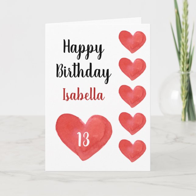 Tarjeta Corazón de Acuarela Rojo Bonito Cumpleaños 13 (Anverso)