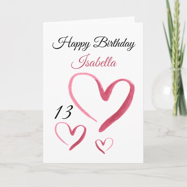 Tarjeta Corazón de acuarela rosada 13 cumpleaños (Anverso)