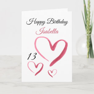 Tarjeta Corazón de acuarela rosada 13 cumpleaños