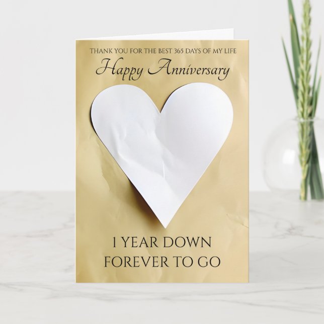 Tarjeta Corazón de aniversario de papel tradicional 1er añ (Anverso)