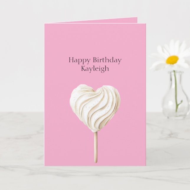 Tarjeta Corazón de crema rosa en palo de cumpleaños (Planta pequeña)