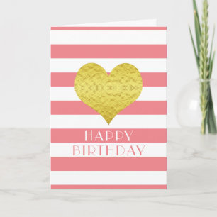 Tarjeta Corazón de oro lindo rayas blancas rosadas Feliz c