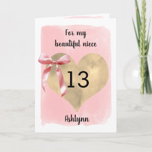 Tarjeta Corazón de oro rosa acuarela Cumpleaños 13 Sobrina