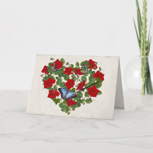 Tarjeta corazón de petunia y mariposa con pincel (Anverso)