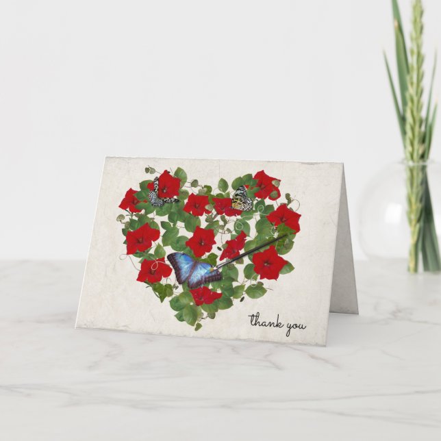 Tarjeta corazón de petunia y mariposa con pincel (Anverso)