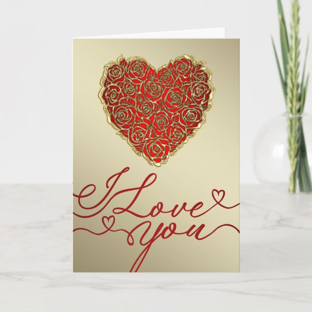 Tarjeta Corazón de Rosa Roja y Dorada Te Amo (Anverso)