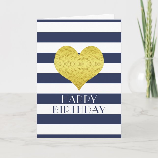Tarjeta Corazón Dorado Mono Azul y Blanco Cumpleaños Feliz (Anverso)