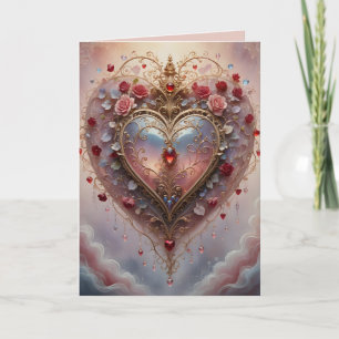 Tarjeta corazón dorado victoriano, rosas y flores, vintage