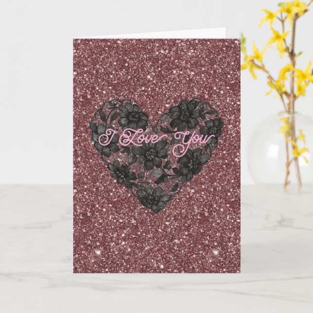Tarjeta Corazón Floral de Encaje Falso Negro (flor amarilla)