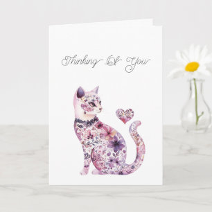 Tarjeta Corazón Floral de Gato con Rubor Rosa Púrpura Pens