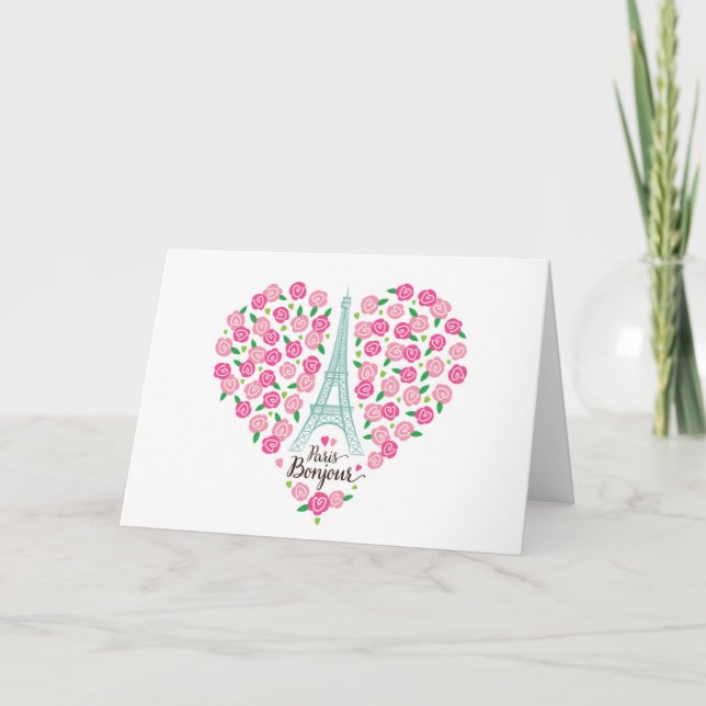 Tarjeta Corazón floral de París Bonjour el | (Anverso)