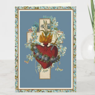 Tarjeta Corazón Inmaculado Virgen María Cruz Floral