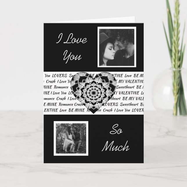 Tarjeta Corazón Mandala Negro y Blanco Foto Día de San Val (Anverso)