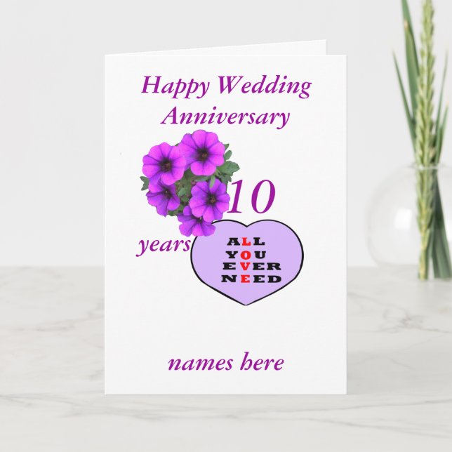 Tarjeta Corazón púrpura y flores Aniversario agregar nombr (Anverso)