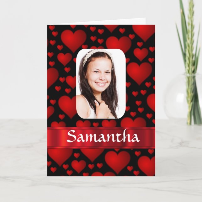 Tarjeta Corazón rojo y negro con foto personalizada (Anverso)