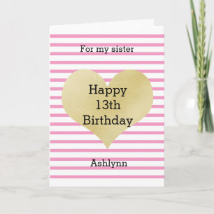 Tarjeta Corazón Rosa y Dorado Adorable Cumpleaños 13 Herma