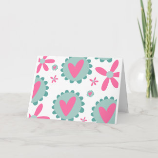 Tarjeta Corazón Rosa Y Verde azulado Con Patrón De Flores