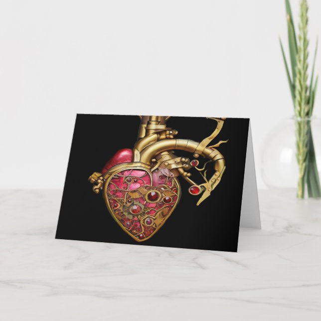 Tarjeta Corazón Steampunk Anatómico Rubíes y Engranajes (Anverso)