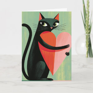 Tarjeta Corazón verde de gato negro retro para San Valentí