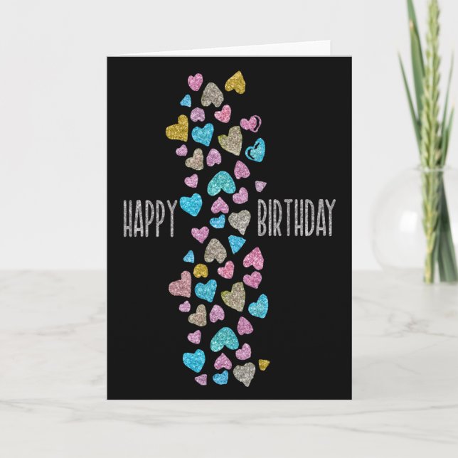 Tarjeta Corazones 1 del purpurina del feliz cumpleaños (Anverso)