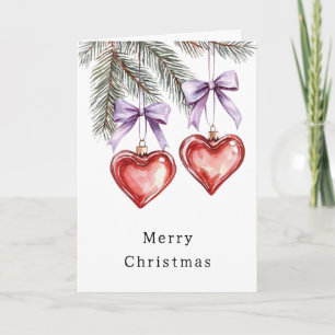 Tarjeta Corazones Árboles Rojo Morado Lazos Navidad