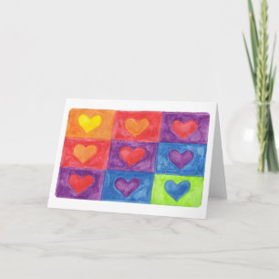 Tarjeta corazones coloreados en cuadrados