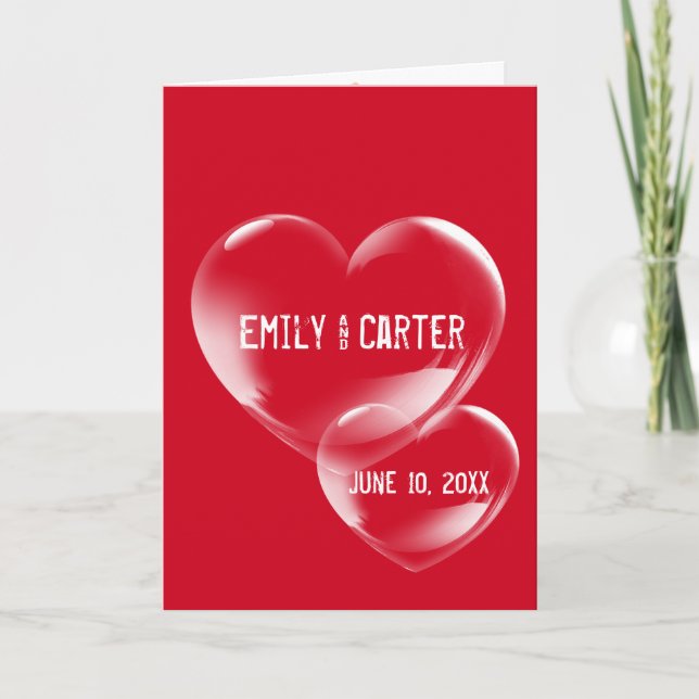 Tarjeta Corazones con Burbujas en Rojo para Boda (Anverso)