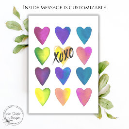 Tarjeta Corazones de Acuarela Coloridos XOXO Día de San Va