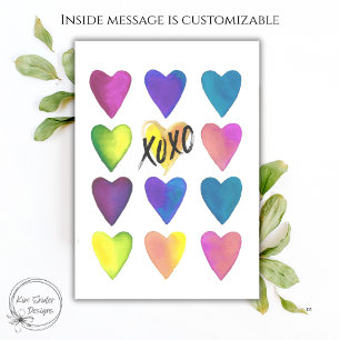Tarjeta Corazones de Acuarela Coloridos XOXO Día de San Va