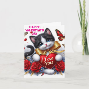 Tarjeta Corazones de amor gato lindo y rosas día de San Va