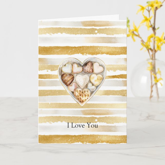 Tarjeta Corazones de Amor Rayas Doradas (flor amarilla)