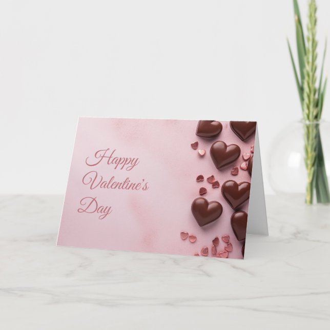 Tarjeta Corazones de chocolate sobre fondo rosa San Valent (Anverso)
