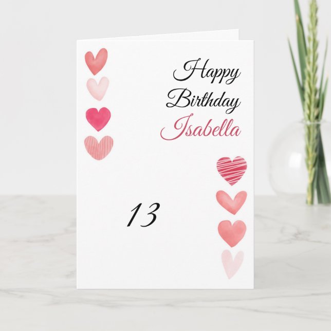 Tarjeta Corazones de pintura rosada y roja 13º cumpleaños (Anverso)
