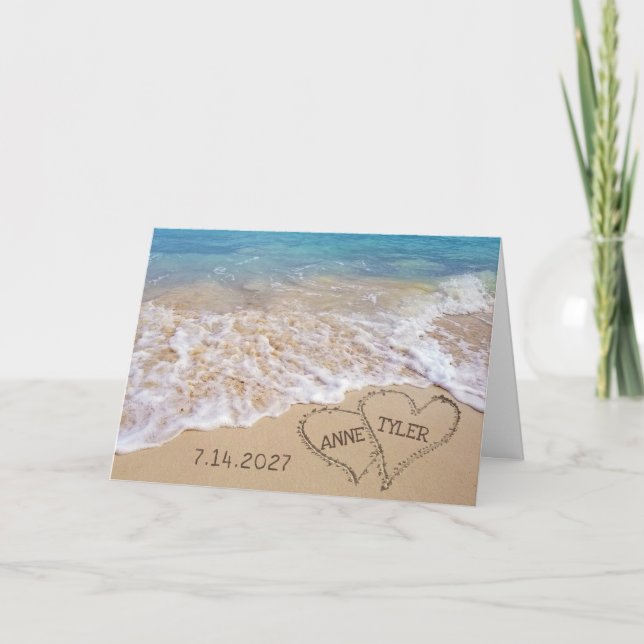Tarjeta Corazones de playa boda con nombres (Anverso)