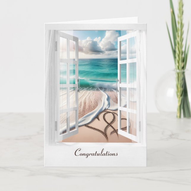 Tarjeta Corazones de Playa de Boda en Ventana (Anverso)