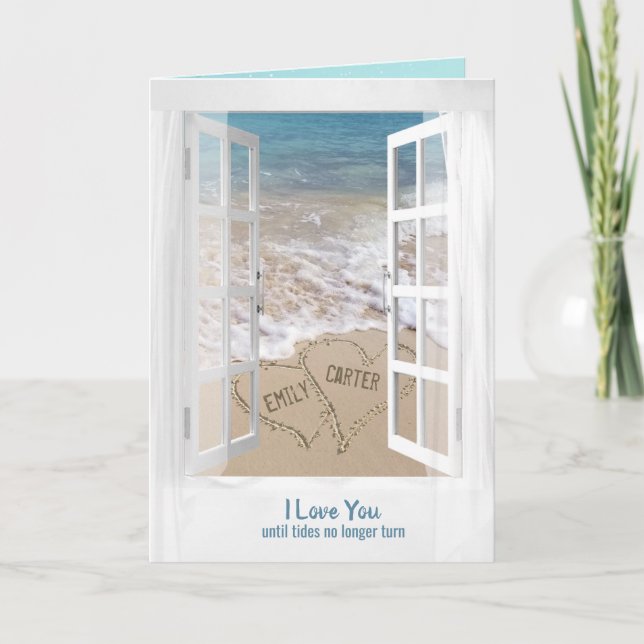 Tarjeta Corazones de playa en ventana para recién casados (Anverso)