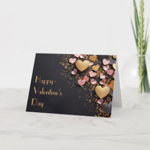 Tarjeta Corazones dorados y rosados sobre fondo negro de S