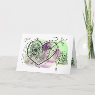 Tarjeta Corazones ornamentados verdes y morados Tic Toc