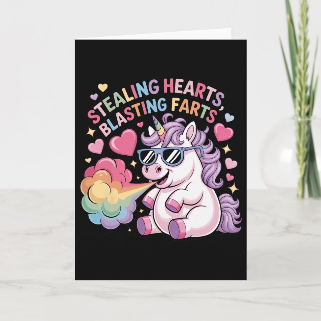 Tarjeta Corazones robados Farting Unicornio de San Valentí (Anverso)