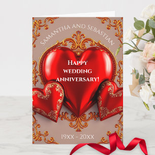 Tarjeta Corazones rojos y oro florecen en aniversario Boda