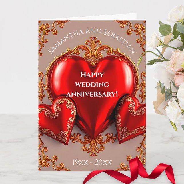 Tarjeta Corazones rojos y oro florecen en aniversario Boda (Subido por el creador)