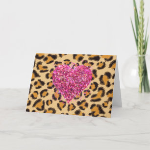 Tarjeta Corazones rosados brillantes y estampado de leopar