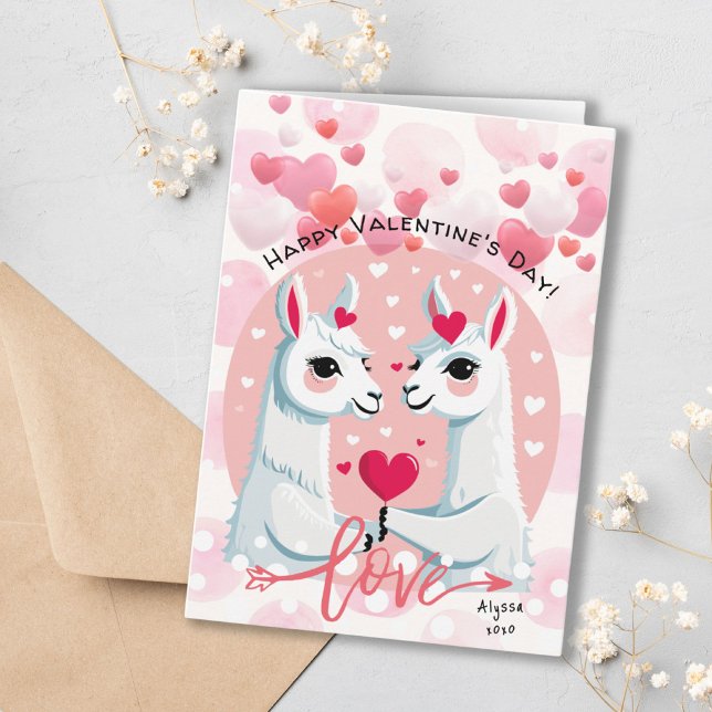 Tarjeta Corazones rosados dulces llaman El día de San Vale (Sweet Pink Hearts Llama Couple Valentine's Day Card)
