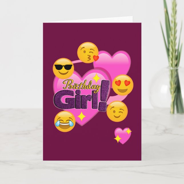 Tarjeta Corazones y Emojis Chica de cumpleaños (Anverso)