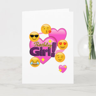 Tarjeta Corazones y Emojis Chica de cumpleaños